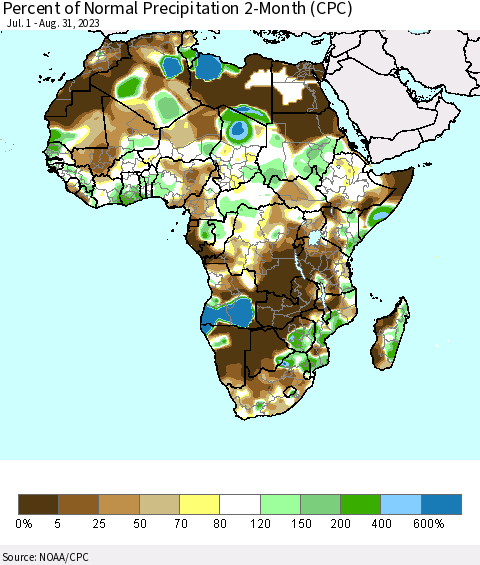 Africa Percent of Normal Precipitation 2-Month (CPC) Thematic Map For 7/1/2023 - 8/31/2023