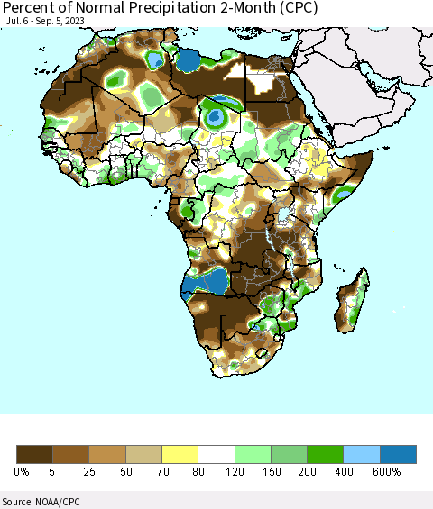 Africa Percent of Normal Precipitation 2-Month (CPC) Thematic Map For 7/6/2023 - 9/5/2023