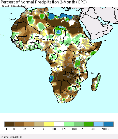 Africa Percent of Normal Precipitation 2-Month (CPC) Thematic Map For 7/16/2023 - 9/15/2023