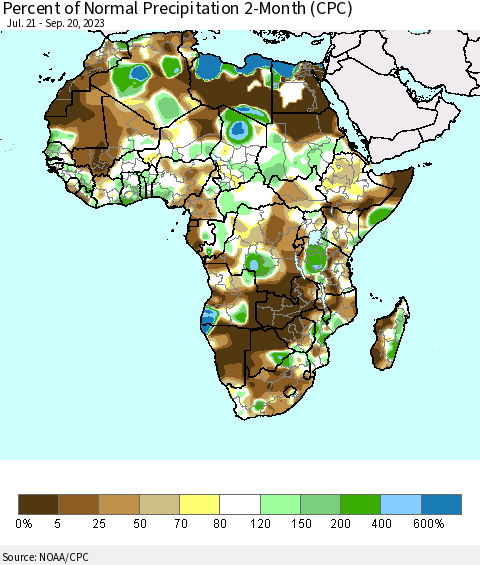 Africa Percent of Normal Precipitation 2-Month (CPC) Thematic Map For 7/21/2023 - 9/20/2023