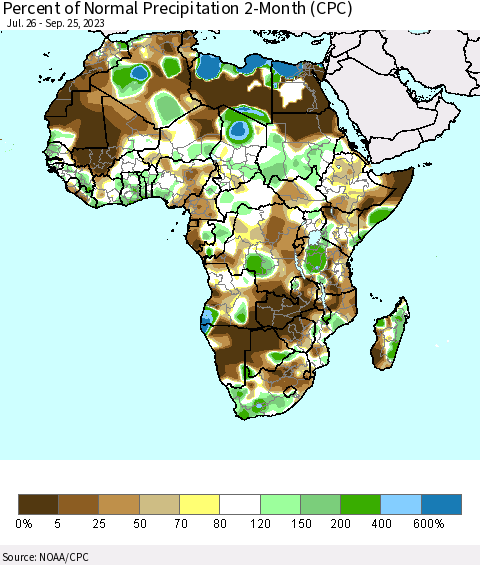 Africa Percent of Normal Precipitation 2-Month (CPC) Thematic Map For 7/26/2023 - 9/25/2023