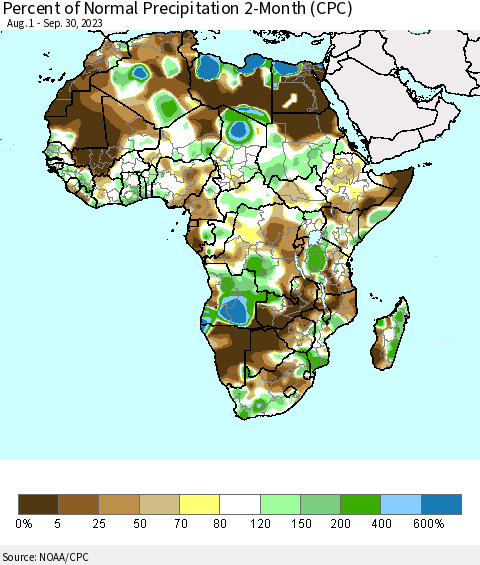 Africa Percent of Normal Precipitation 2-Month (CPC) Thematic Map For 8/1/2023 - 9/30/2023