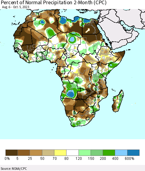 Africa Percent of Normal Precipitation 2-Month (CPC) Thematic Map For 8/6/2023 - 10/5/2023