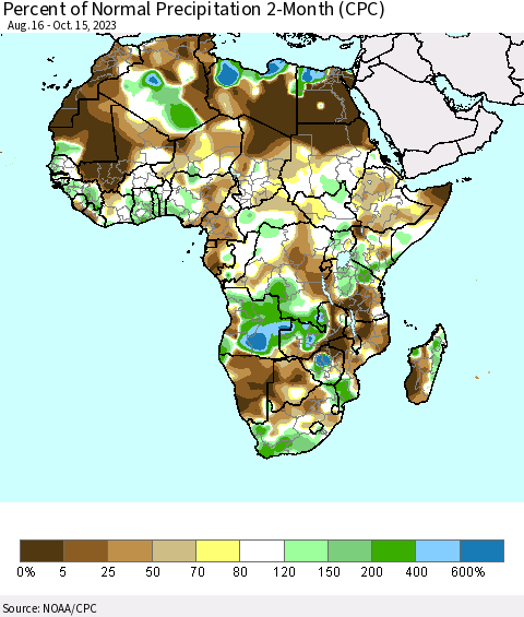 Africa Percent of Normal Precipitation 2-Month (CPC) Thematic Map For 8/16/2023 - 10/15/2023