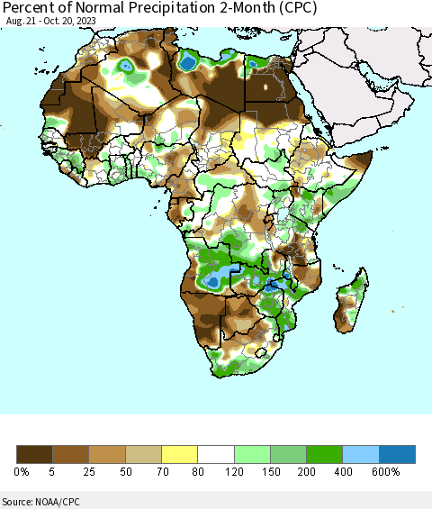 Africa Percent of Normal Precipitation 2-Month (CPC) Thematic Map For 8/21/2023 - 10/20/2023
