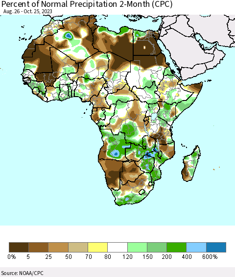 Africa Percent of Normal Precipitation 2-Month (CPC) Thematic Map For 8/26/2023 - 10/25/2023