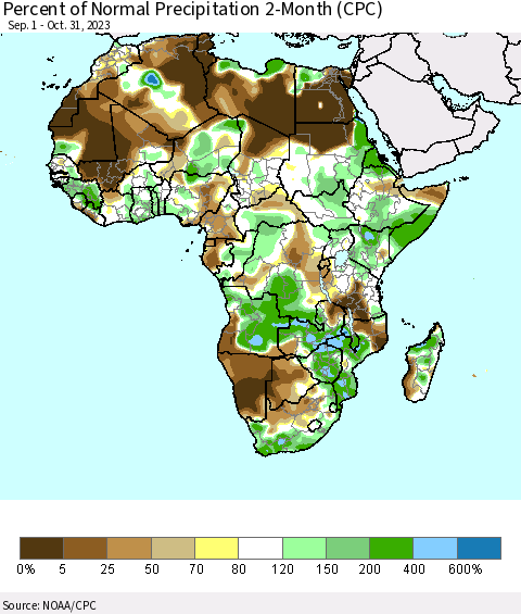 Africa Percent of Normal Precipitation 2-Month (CPC) Thematic Map For 9/1/2023 - 10/31/2023