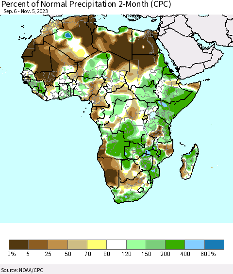 Africa Percent of Normal Precipitation 2-Month (CPC) Thematic Map For 9/6/2023 - 11/5/2023