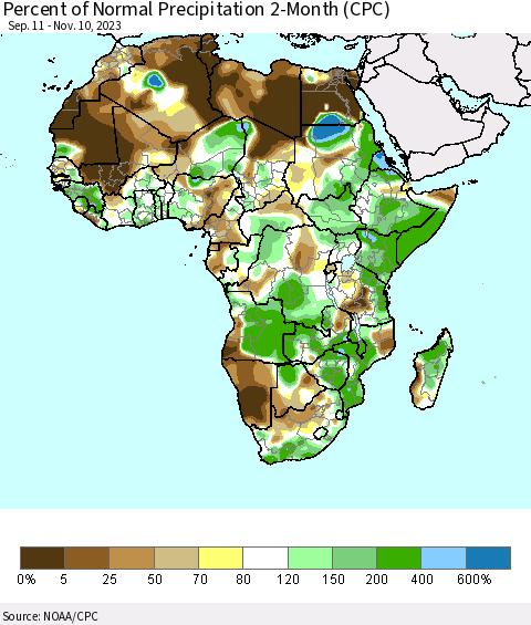Africa Percent of Normal Precipitation 2-Month (CPC) Thematic Map For 9/11/2023 - 11/10/2023