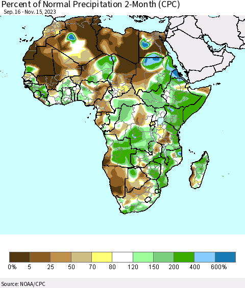 Africa Percent of Normal Precipitation 2-Month (CPC) Thematic Map For 9/16/2023 - 11/15/2023