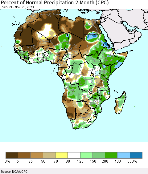 Africa Percent of Normal Precipitation 2-Month (CPC) Thematic Map For 9/21/2023 - 11/20/2023