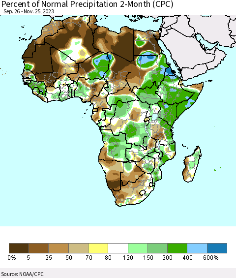 Africa Percent of Normal Precipitation 2-Month (CPC) Thematic Map For 9/26/2023 - 11/25/2023