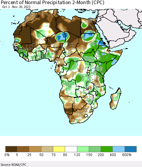 Africa Percent of Normal Precipitation 2-Month (CPC) Thematic Map For 10/1/2023 - 11/30/2023