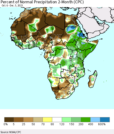 Africa Percent of Normal Precipitation 2-Month (CPC) Thematic Map For 10/6/2023 - 12/5/2023