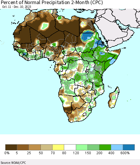 Africa Percent of Normal Precipitation 2-Month (CPC) Thematic Map For 10/11/2023 - 12/10/2023