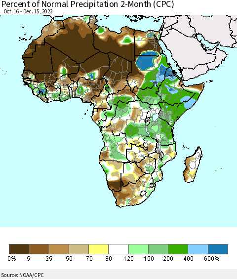Africa Percent of Normal Precipitation 2-Month (CPC) Thematic Map For 10/16/2023 - 12/15/2023
