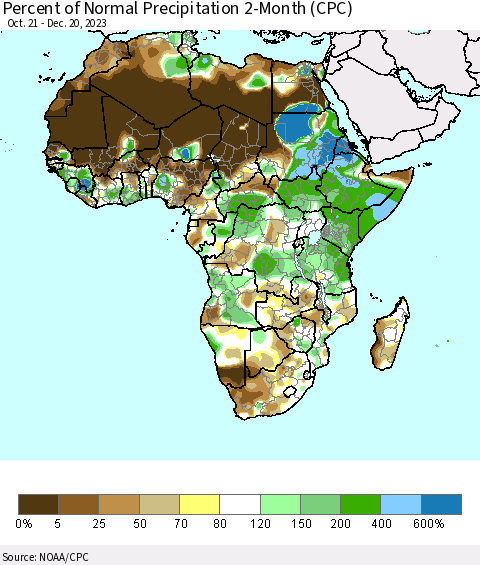 Africa Percent of Normal Precipitation 2-Month (CPC) Thematic Map For 10/21/2023 - 12/20/2023