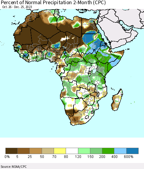Africa Percent of Normal Precipitation 2-Month (CPC) Thematic Map For 10/26/2023 - 12/25/2023