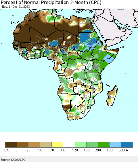 Africa Percent of Normal Precipitation 2-Month (CPC) Thematic Map For 11/1/2023 - 12/31/2023