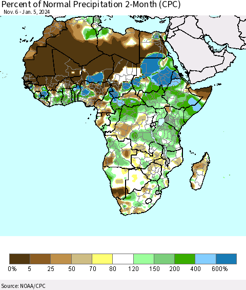 Africa Percent of Normal Precipitation 2-Month (CPC) Thematic Map For 11/6/2023 - 1/5/2024