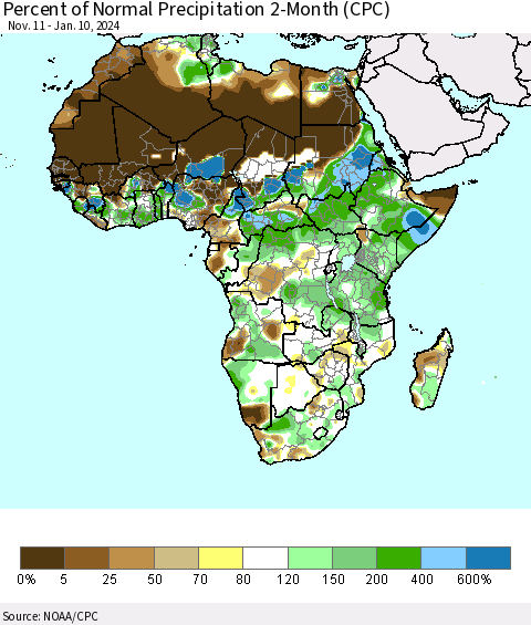 Africa Percent of Normal Precipitation 2-Month (CPC) Thematic Map For 11/11/2023 - 1/10/2024