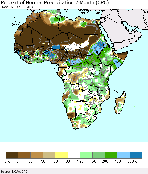 Africa Percent of Normal Precipitation 2-Month (CPC) Thematic Map For 11/16/2023 - 1/15/2024