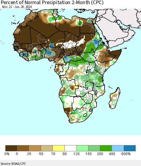 Africa Percent of Normal Precipitation 2-Month (CPC) Thematic Map For 11/21/2023 - 1/20/2024