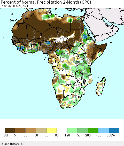 Africa Percent of Normal Precipitation 2-Month (CPC) Thematic Map For 11/26/2023 - 1/25/2024