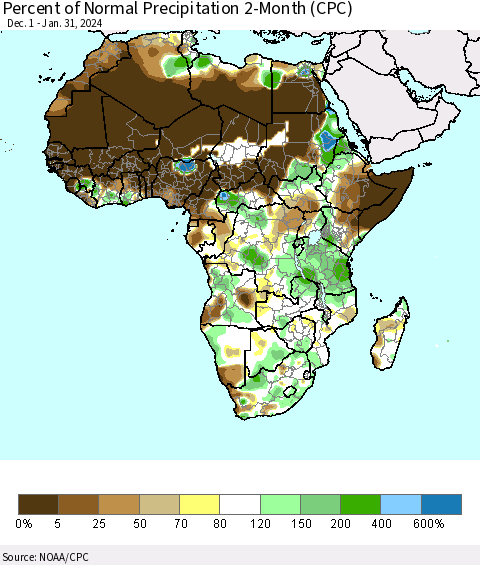 Africa Percent of Normal Precipitation 2-Month (CPC) Thematic Map For 12/1/2023 - 1/31/2024