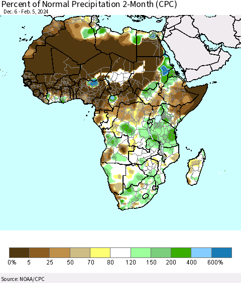Africa Percent of Normal Precipitation 2-Month (CPC) Thematic Map For 12/6/2023 - 2/5/2024