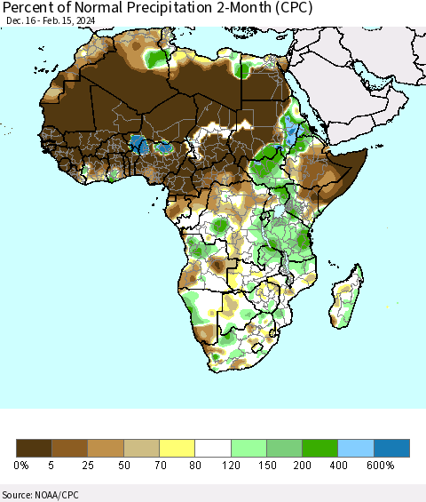 Africa Percent of Normal Precipitation 2-Month (CPC) Thematic Map For 12/16/2023 - 2/15/2024