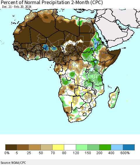 Africa Percent of Normal Precipitation 2-Month (CPC) Thematic Map For 12/21/2023 - 2/20/2024