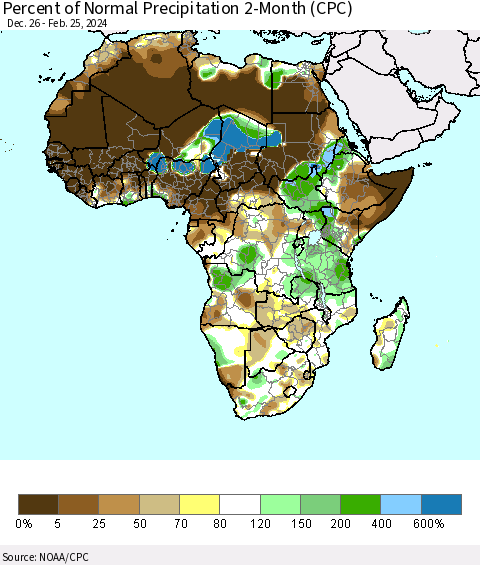 Africa Percent of Normal Precipitation 2-Month (CPC) Thematic Map For 12/26/2023 - 2/25/2024