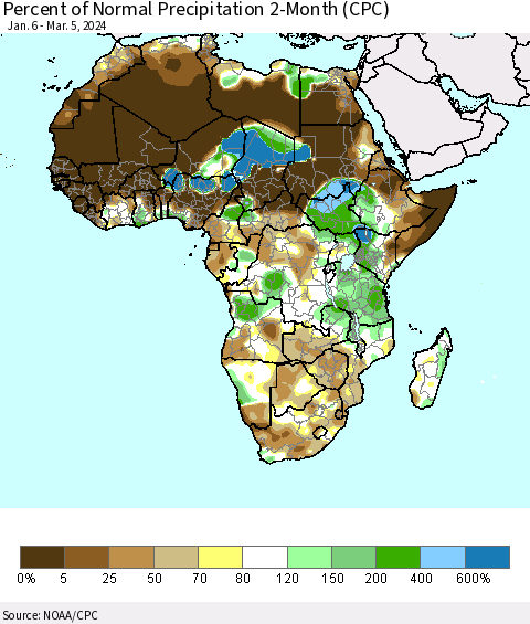 Africa Percent of Normal Precipitation 2-Month (CPC) Thematic Map For 1/6/2024 - 3/5/2024