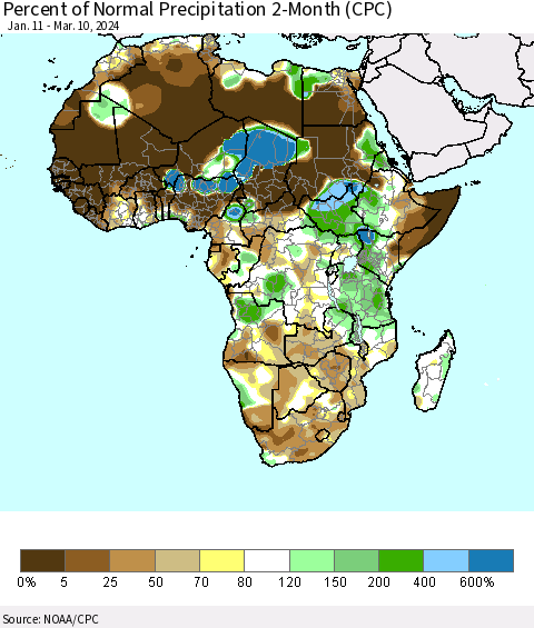 Africa Percent of Normal Precipitation 2-Month (CPC) Thematic Map For 1/11/2024 - 3/10/2024