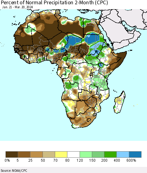 Africa Percent of Normal Precipitation 2-Month (CPC) Thematic Map For 1/21/2024 - 3/20/2024