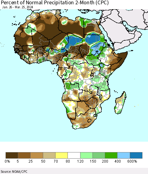 Africa Percent of Normal Precipitation 2-Month (CPC) Thematic Map For 1/26/2024 - 3/25/2024