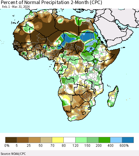 Africa Percent of Normal Precipitation 2-Month (CPC) Thematic Map For 2/1/2024 - 3/31/2024