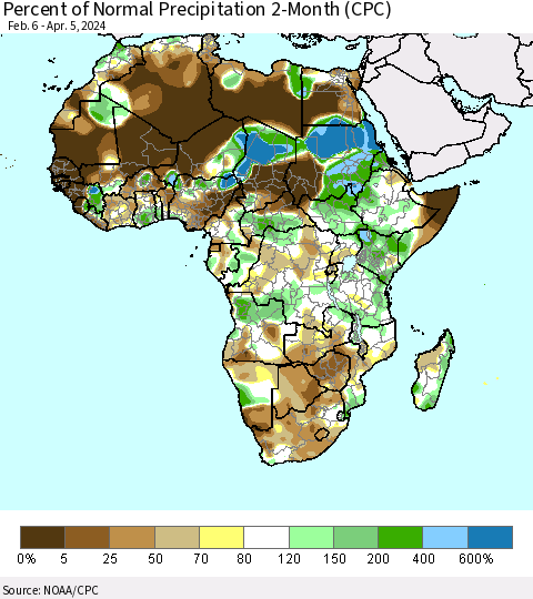 Africa Percent of Normal Precipitation 2-Month (CPC) Thematic Map For 2/6/2024 - 4/5/2024
