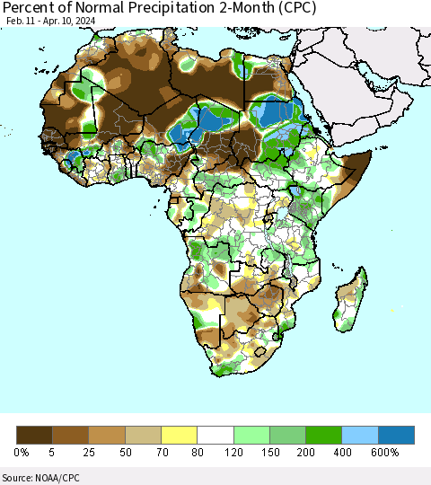 Africa Percent of Normal Precipitation 2-Month (CPC) Thematic Map For 2/11/2024 - 4/10/2024