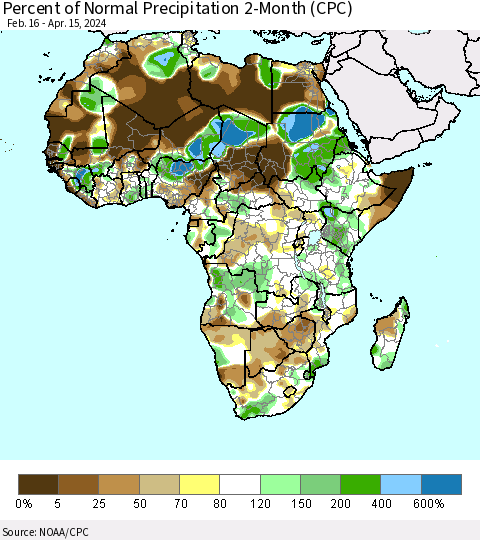 Africa Percent of Normal Precipitation 2-Month (CPC) Thematic Map For 2/16/2024 - 4/15/2024