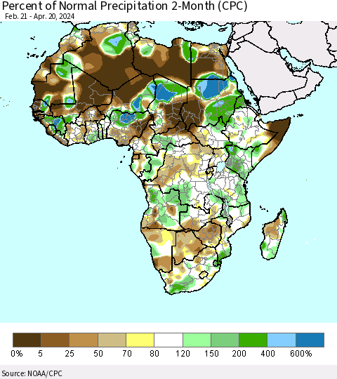 Africa Percent of Normal Precipitation 2-Month (CPC) Thematic Map For 2/21/2024 - 4/20/2024