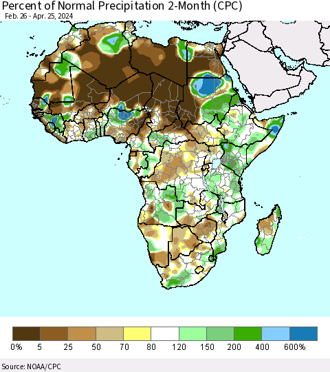 Africa Percent of Normal Precipitation 2-Month (CPC) Thematic Map For 2/26/2024 - 4/25/2024