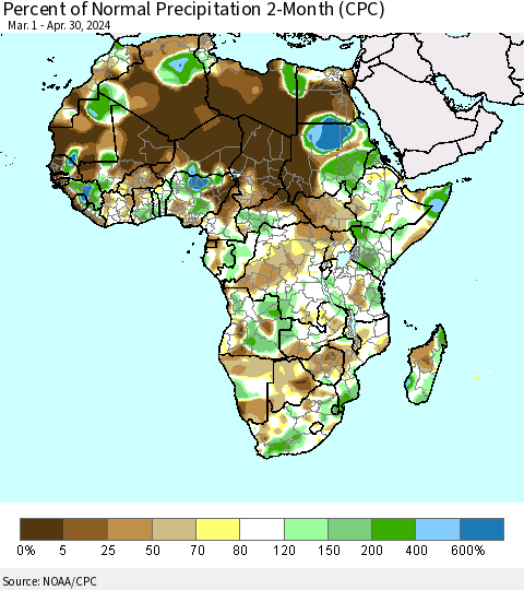 Africa Percent of Normal Precipitation 2-Month (CPC) Thematic Map For 3/1/2024 - 4/30/2024