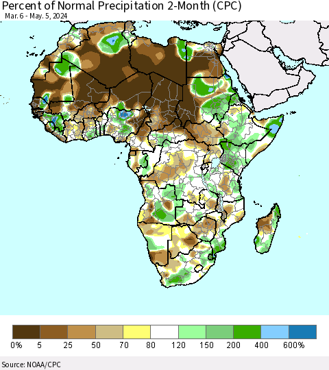Africa Percent of Normal Precipitation 2-Month (CPC) Thematic Map For 3/6/2024 - 5/5/2024