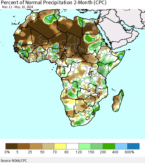 Africa Percent of Normal Precipitation 2-Month (CPC) Thematic Map For 3/11/2024 - 5/10/2024