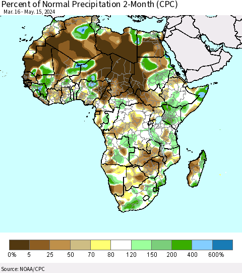 Africa Percent of Normal Precipitation 2-Month (CPC) Thematic Map For 3/16/2024 - 5/15/2024
