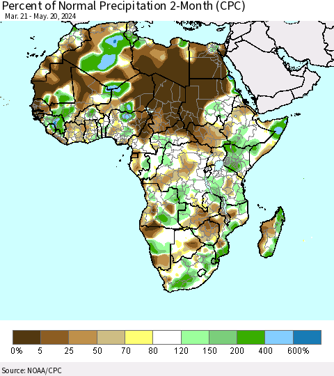 Africa Percent of Normal Precipitation 2-Month (CPC) Thematic Map For 3/21/2024 - 5/20/2024