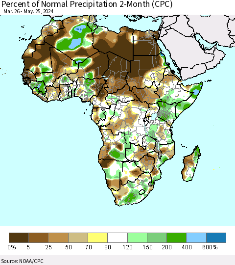 Africa Percent of Normal Precipitation 2-Month (CPC) Thematic Map For 3/26/2024 - 5/25/2024