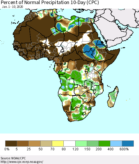 Africa Percent of Normal Precipitation 10-Day (CPC) Thematic Map For 1/1/2020 - 1/10/2020